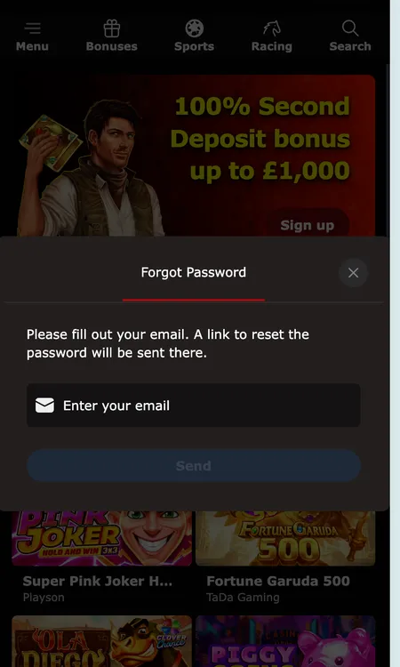 Mr James Casino password reset modal on mobile home screen
